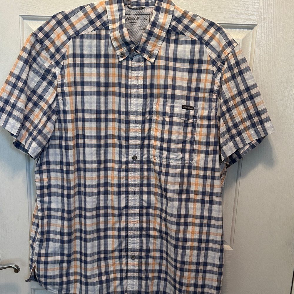Eddie Bauer Men's Short-Sleeve Plaid Button-Up Shirt - Blue & Tan